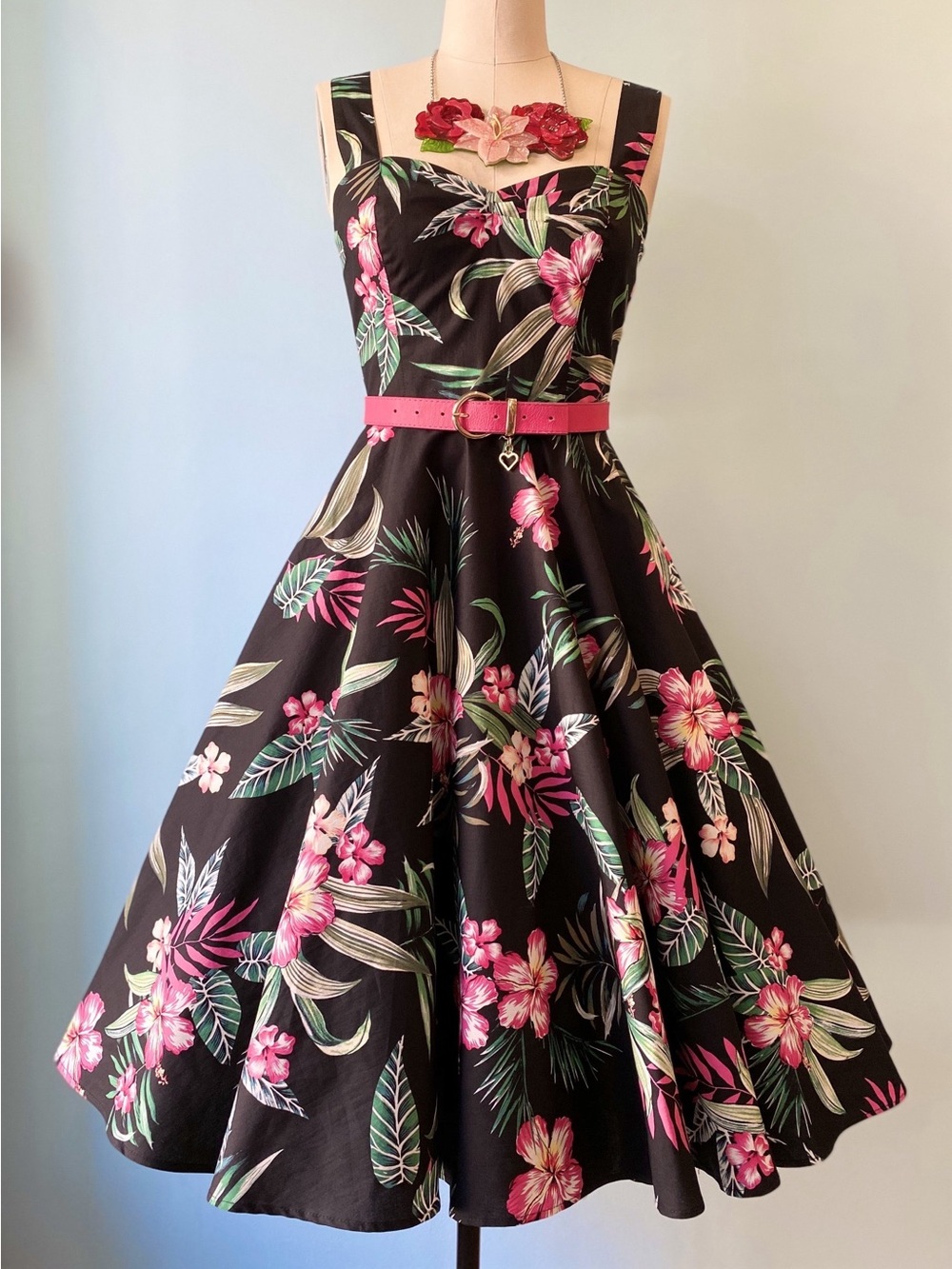 Hell Bunny ModCloth Black & Pink Kalani Tropical Cotton Dress Size Medium